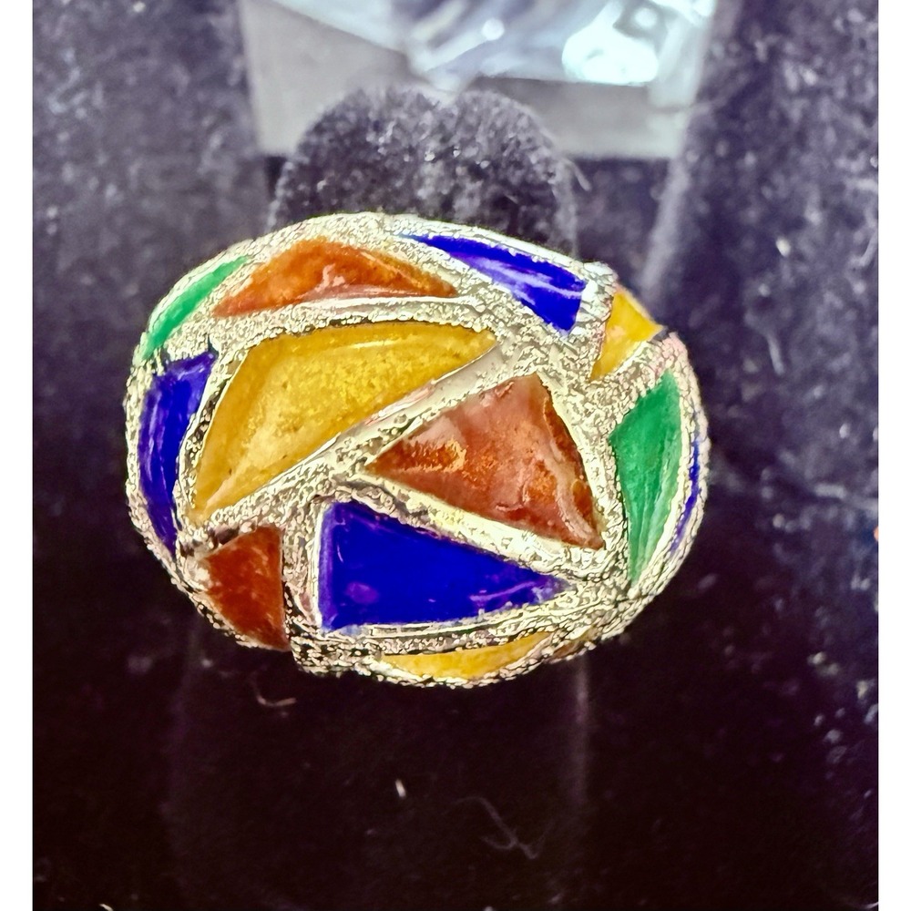 Vintage Mexico 925 Sterling Silver Colorful Enamel Mosaic Ring Size 5.5